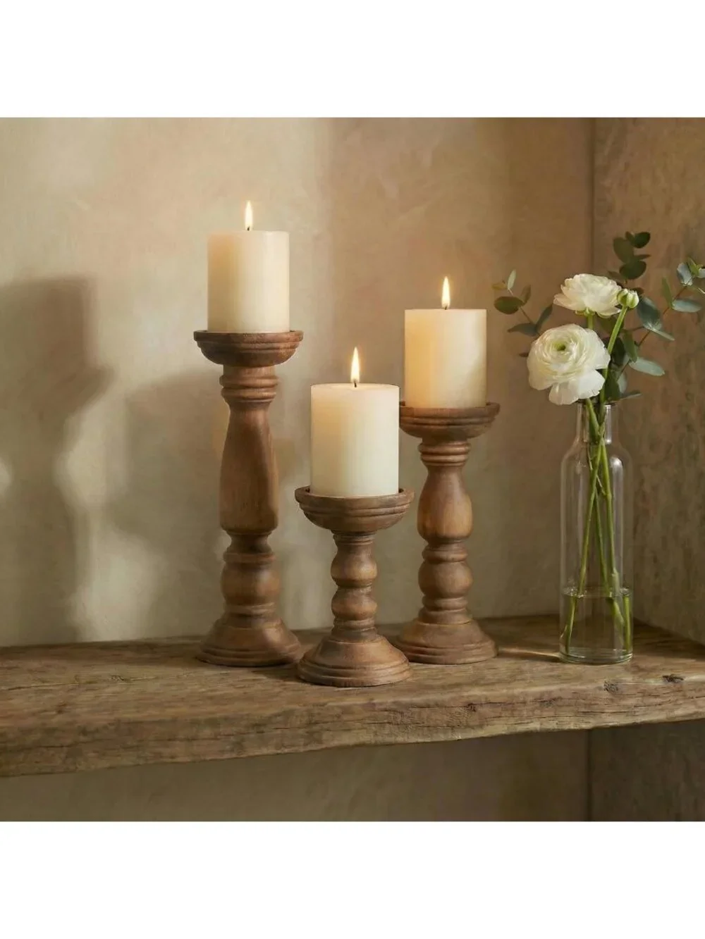 Rustic Wooden Candle Holders Set of 3 - Vintage Tall Pillar Stand Decor, 12''